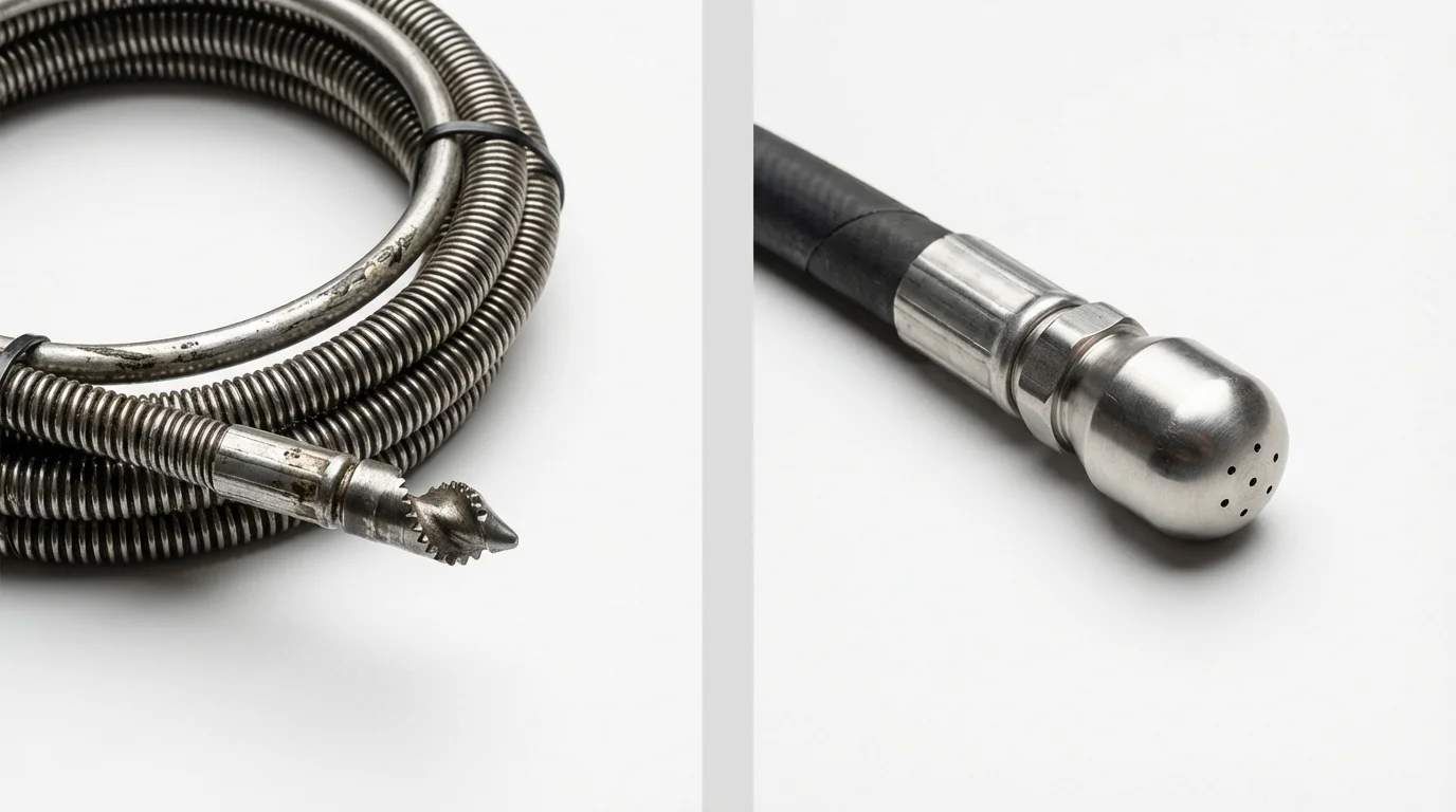 Drain snake cable and hydro jetting nozzle used for drain cleaning in Deer Park, WA
