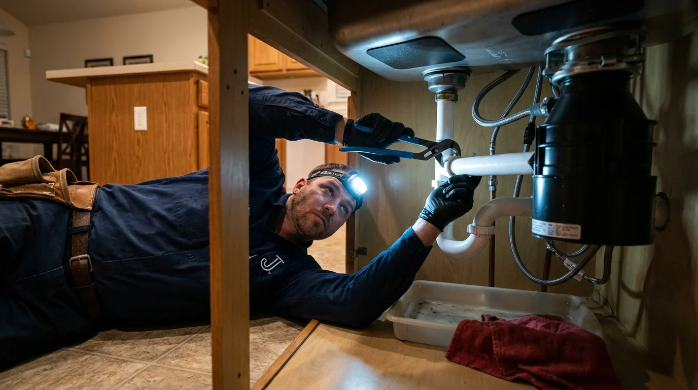 P-trap and supply line connections under a kitchen sink showing a common leak point in Deer Park, WA
